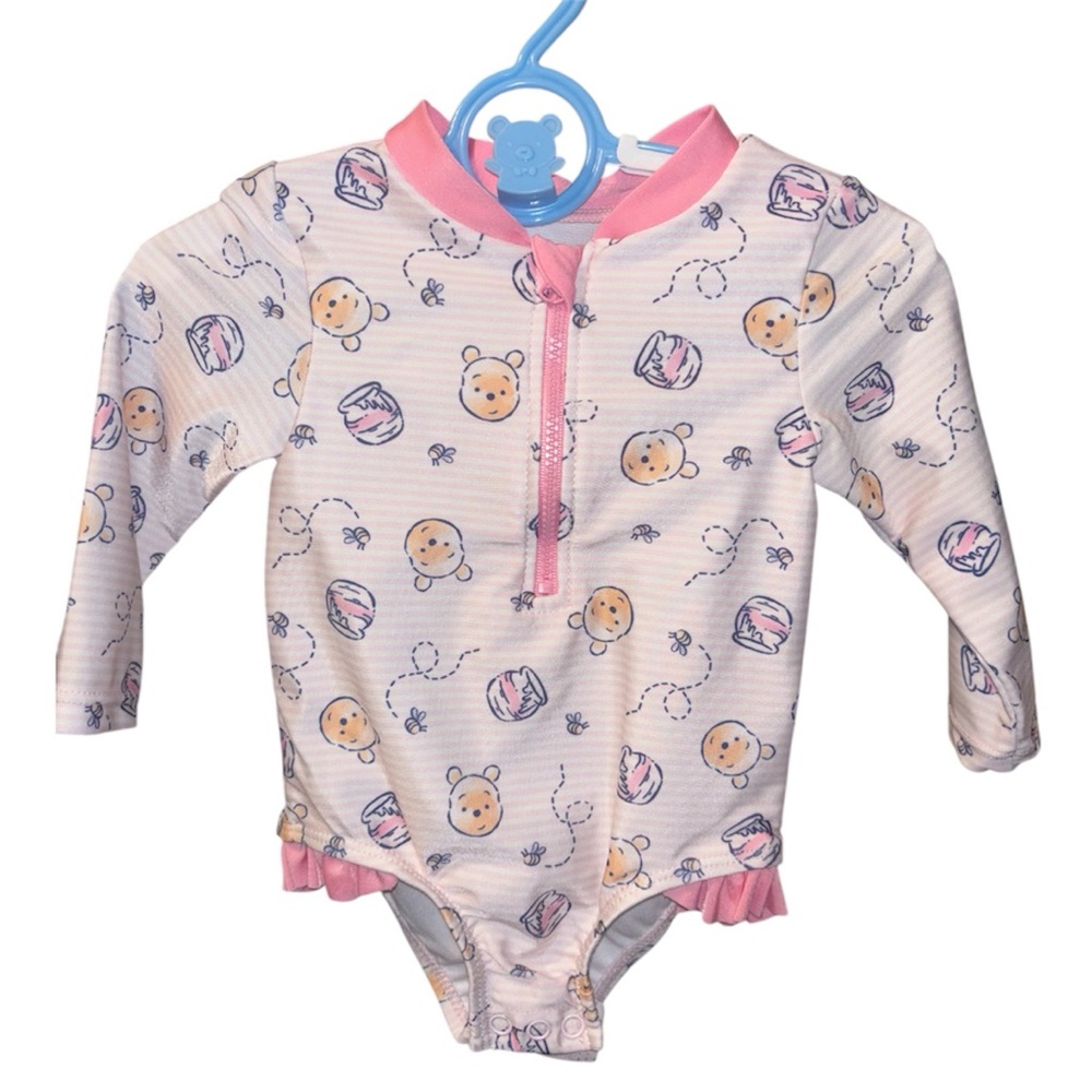 Disney Pink and White Long-Sleeve Rashguard Swim Suit with Bear Print